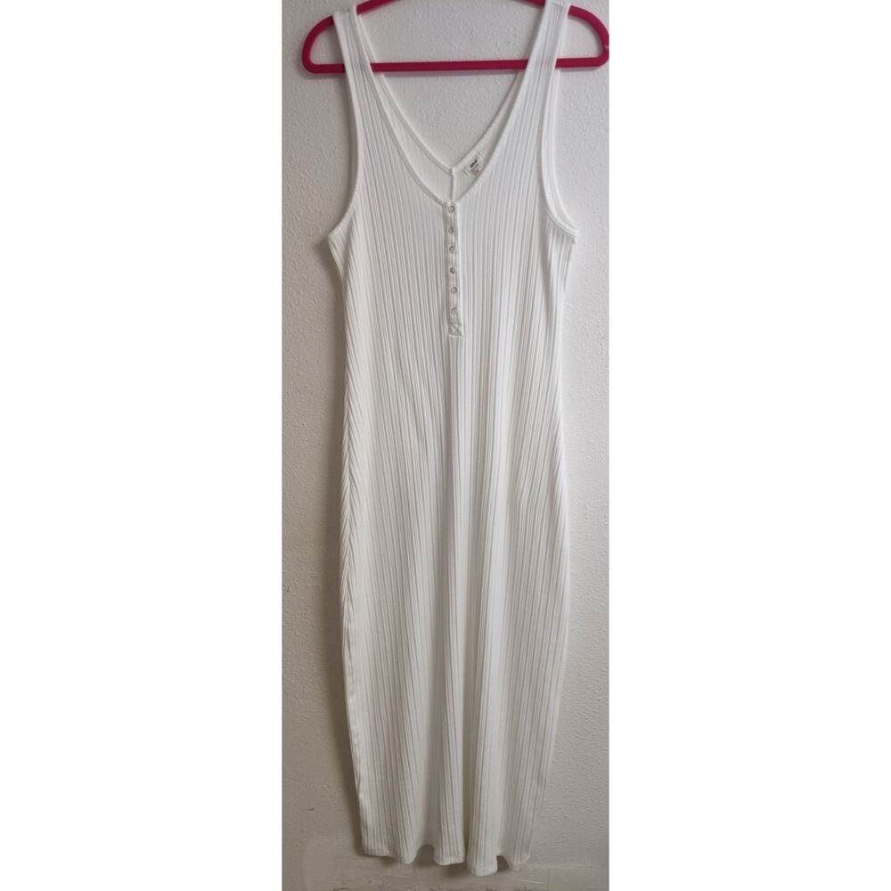 Aerie Double V Henley Ribbed Bodycon White Sleeveless Maxi Dress LG WORN ONCE!